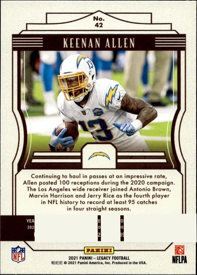 2021 Panini Keenan Allen #42 football trading card back