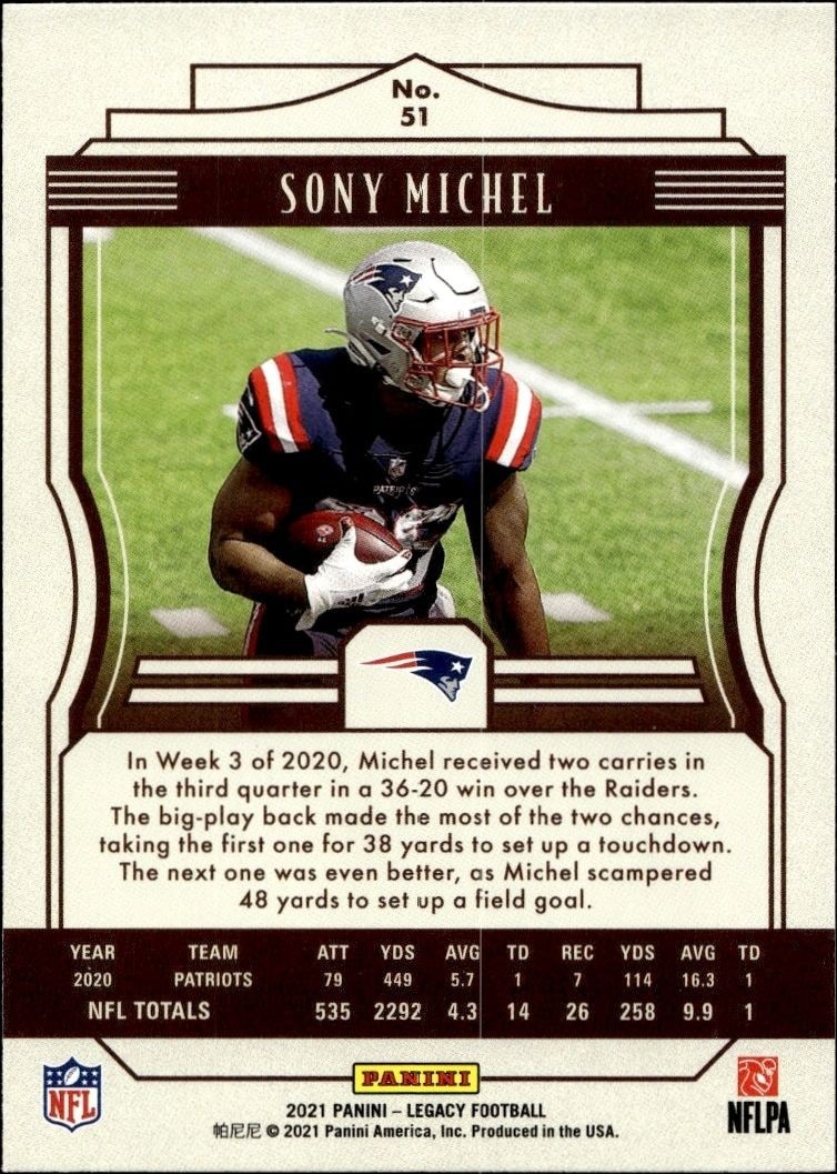 2021 Panini Sony Michel #51 football trading card back