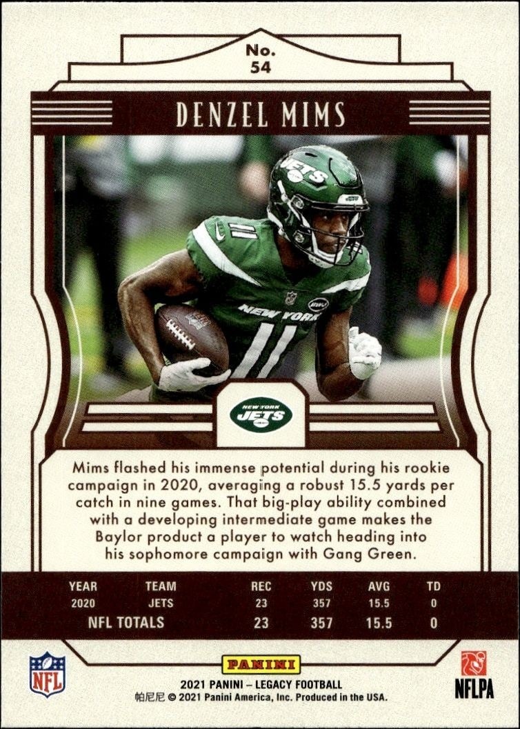 2021 Panini Denzel Mims #54 football trading card back