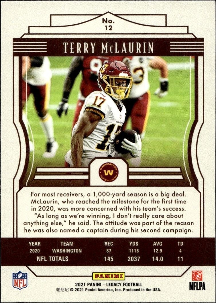 2021 Panini Terry McLaurin #12 football trading card back