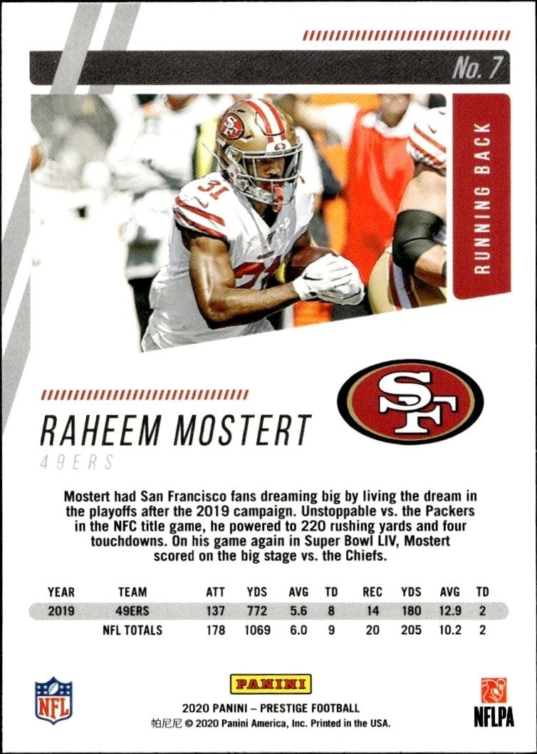 2020 Panini Raheem Mostert #7 football trading card back
