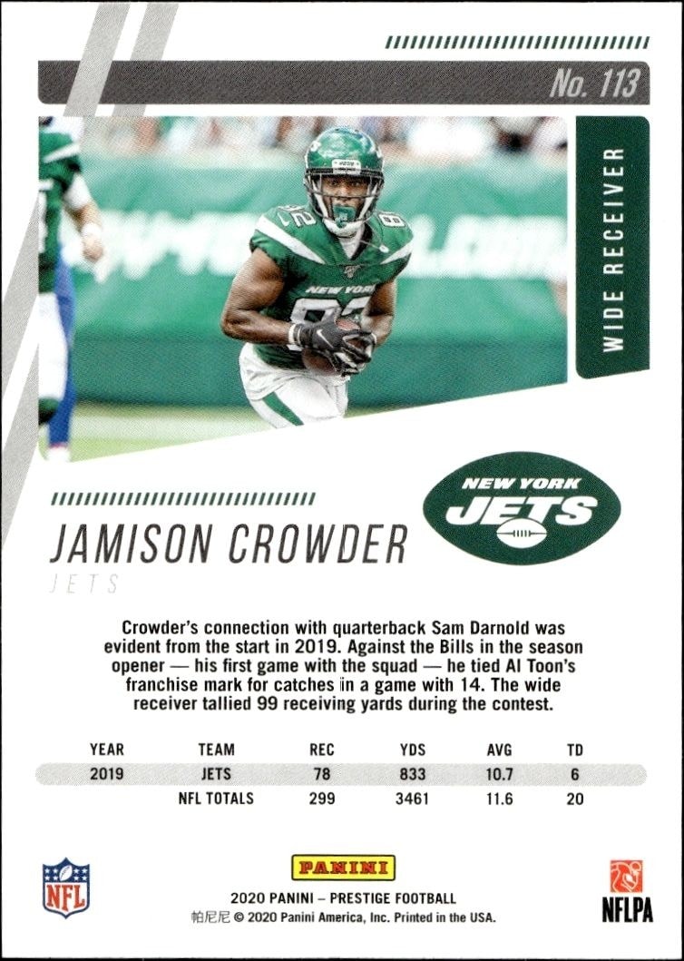 2020 Panini Jamison Crowder #113 football trading card back
