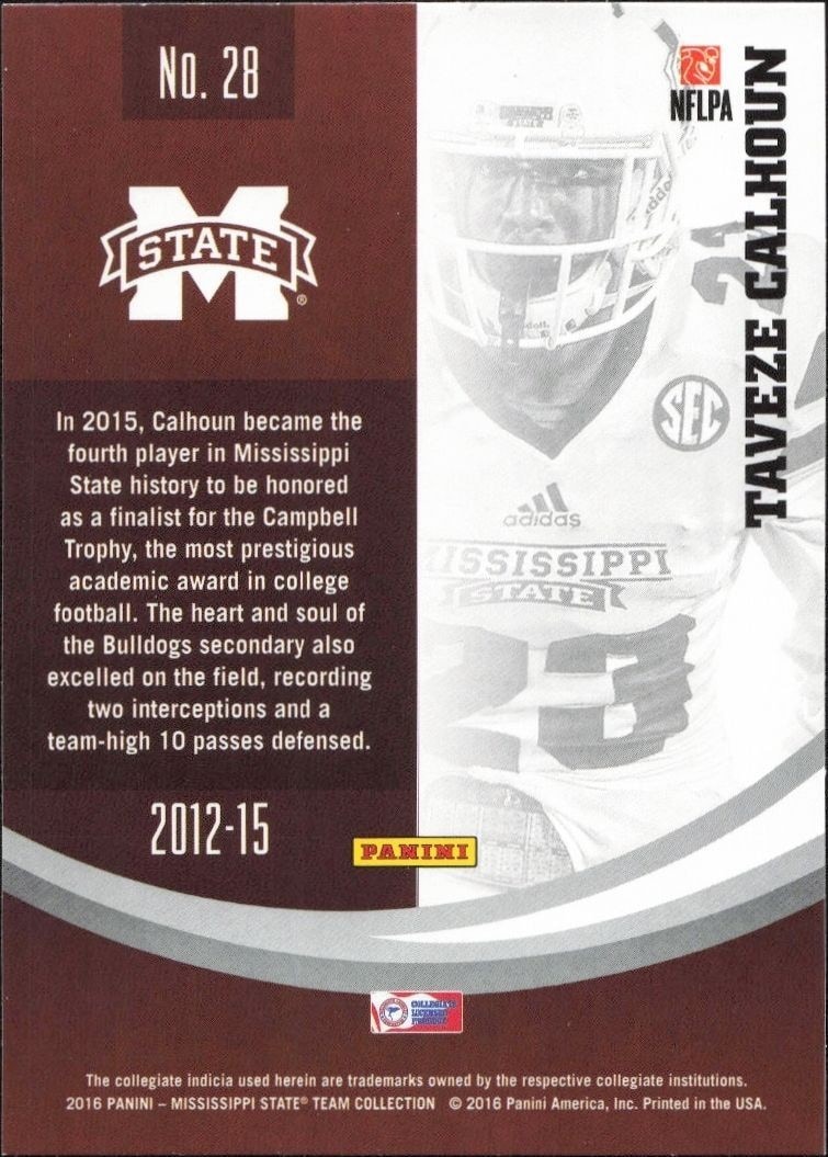 2016 Panini Mississippi State Taveze Calhoun #28 football trading card back