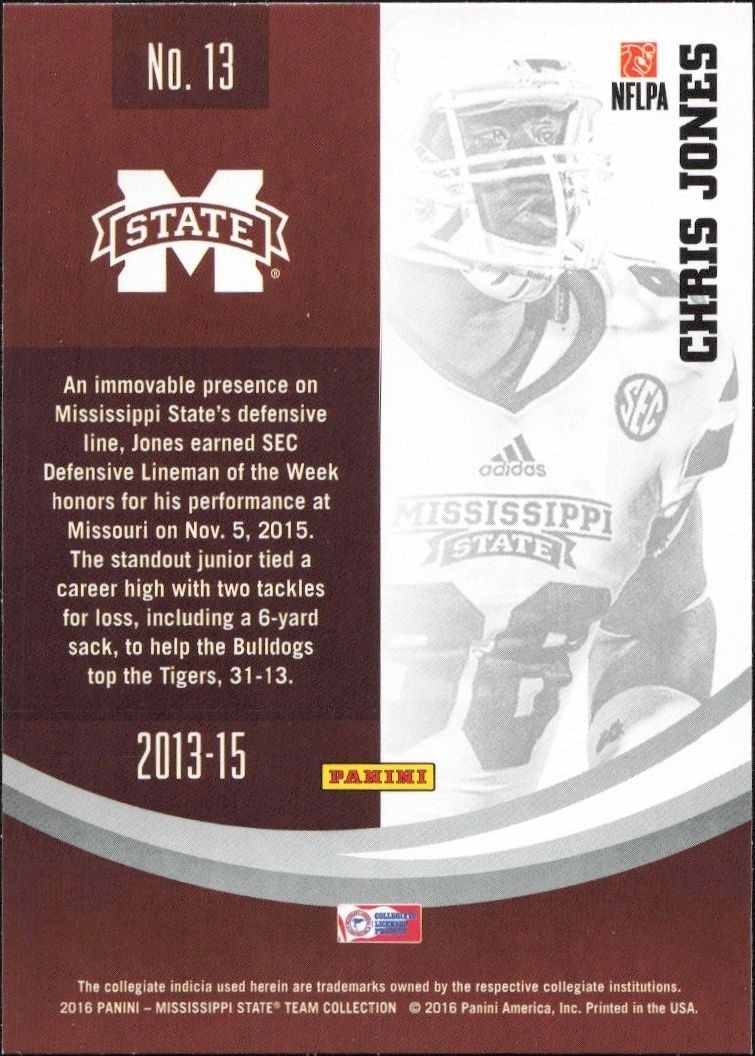 2016 Panini Mississippi State Chris Jones #13 football trading card back