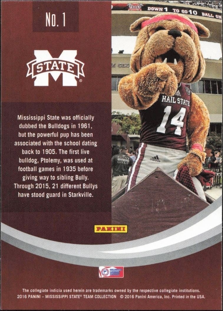 2016 Panini Mississippi State Bully The Bulldog #1 football trading card back