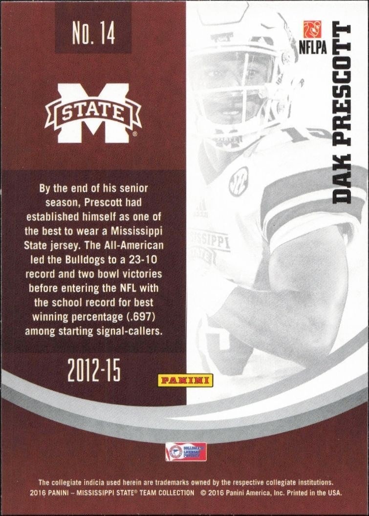 2016 Panini Mississippi State Dak Prescott #14 football trading card back
