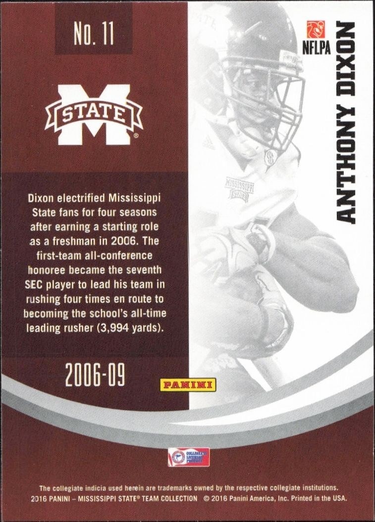 2016 Panini Mississippi State Anthony Dixon #11 football trading card back