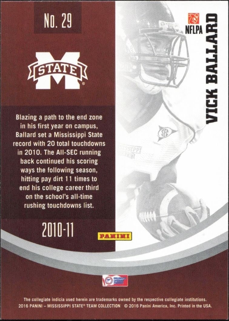 2016 Panini Mississippi State Vick Ballard #29 football trading card back