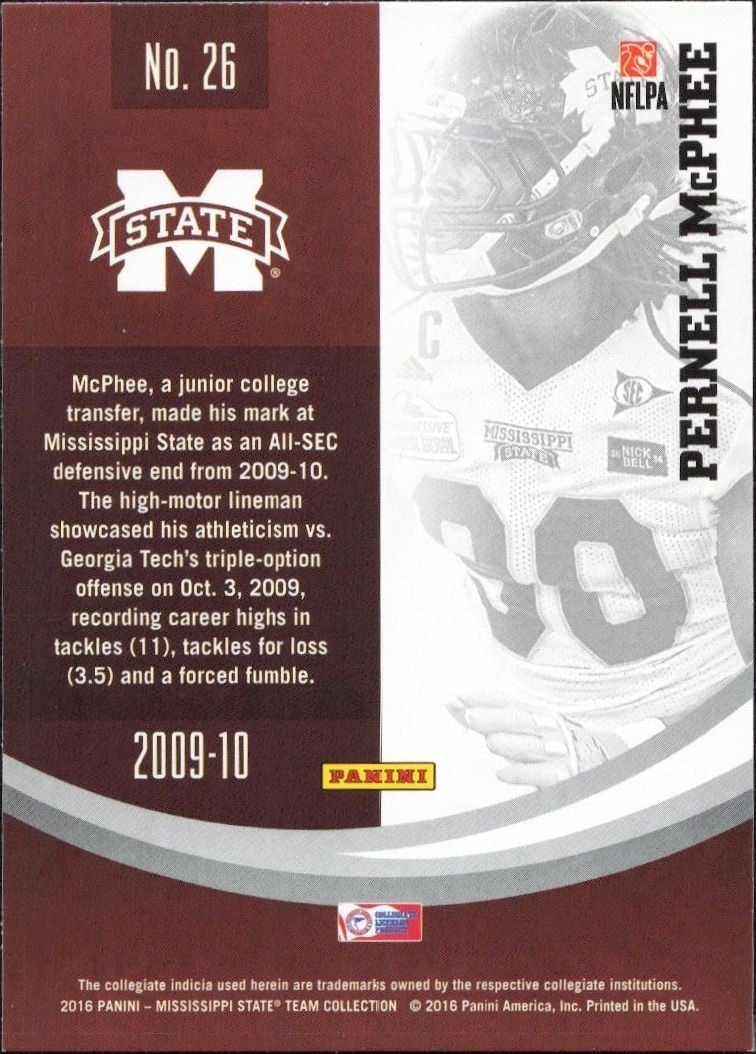 2016 Panini Mississippi State Pernell McPhee #26 football trading card back