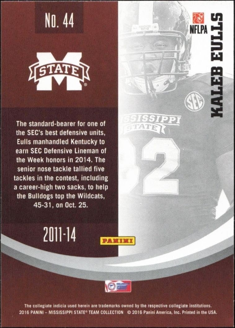 2016 Panini Mississippi State Kaleb Eulls #44 football trading card back