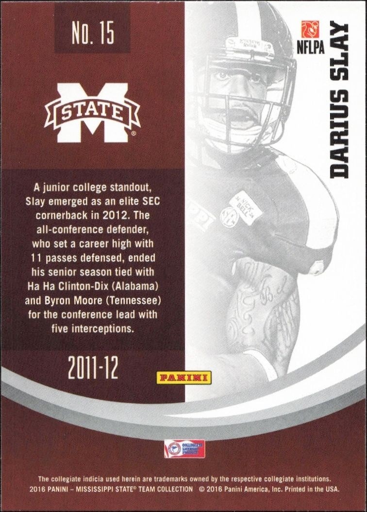 2016 Panini Mississippi State Darius Slay #15 football trading card back