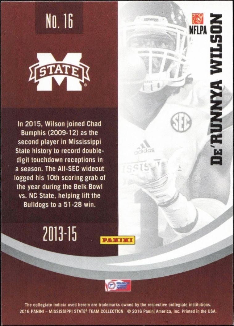 2016 Panini Mississippi State De'Runnya Wilson #16 football trading card back