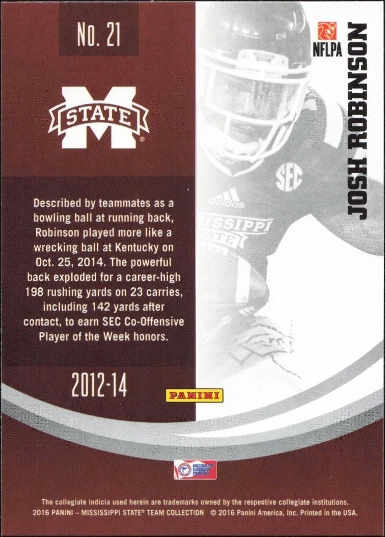 2016 Panini Mississippi State Josh Robinson #21 football trading card back