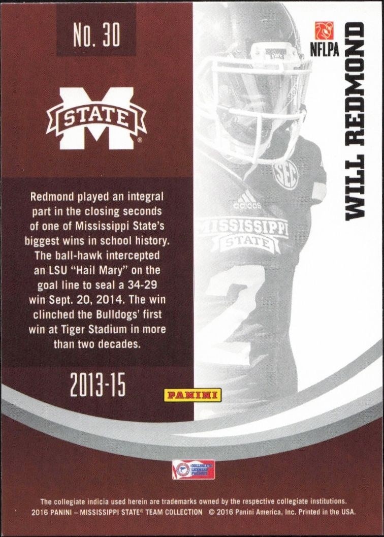 2016 Panini Mississippi State Will Redmond #30 football trading card back