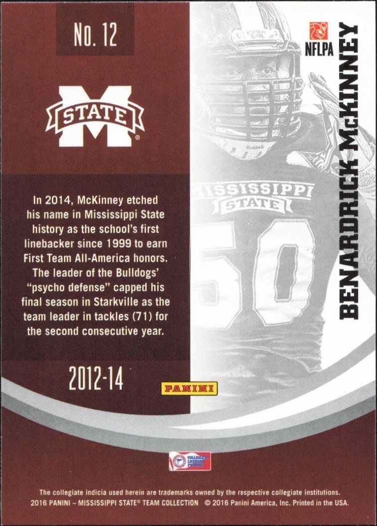2016 Panini Mississippi State Benardrick McKinney #12 football trading card back