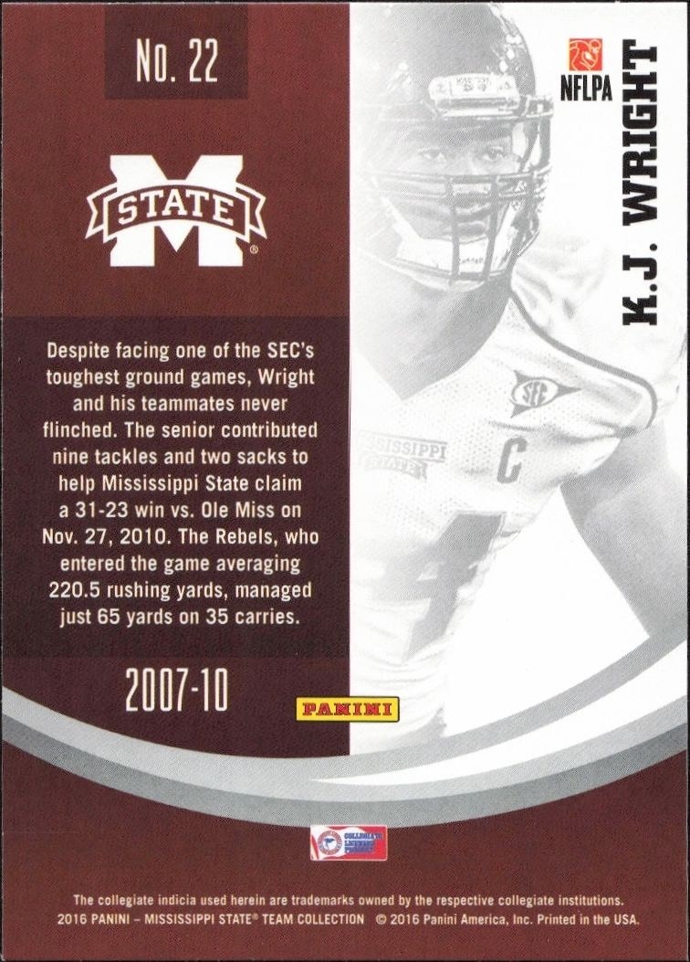 2016 Panini Mississippi State K.J. Wright #22 football trading card back