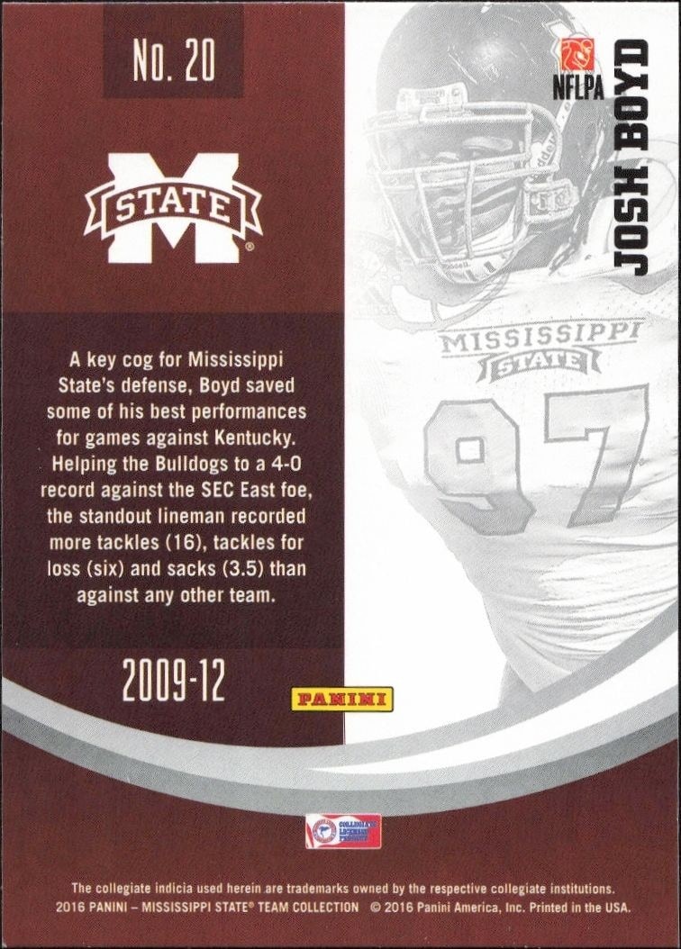 2016 Panini Mississippi State Josh Boyd #20 football trading card back