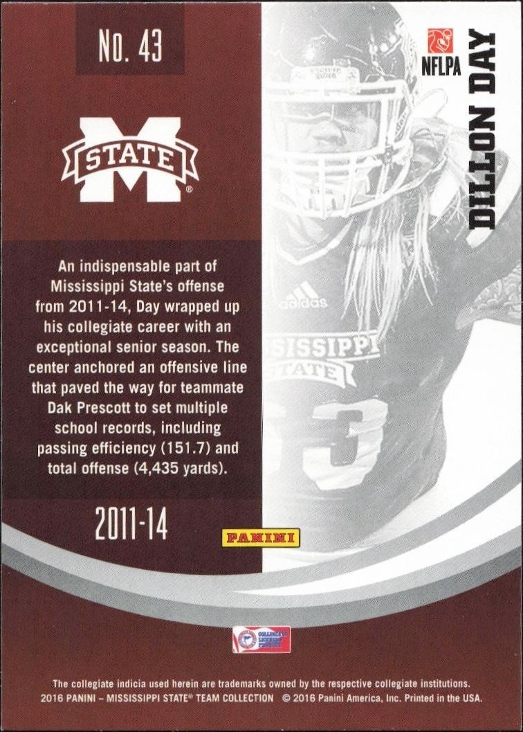2016 Panini Mississippi State Dillon Day #43 football trading card back