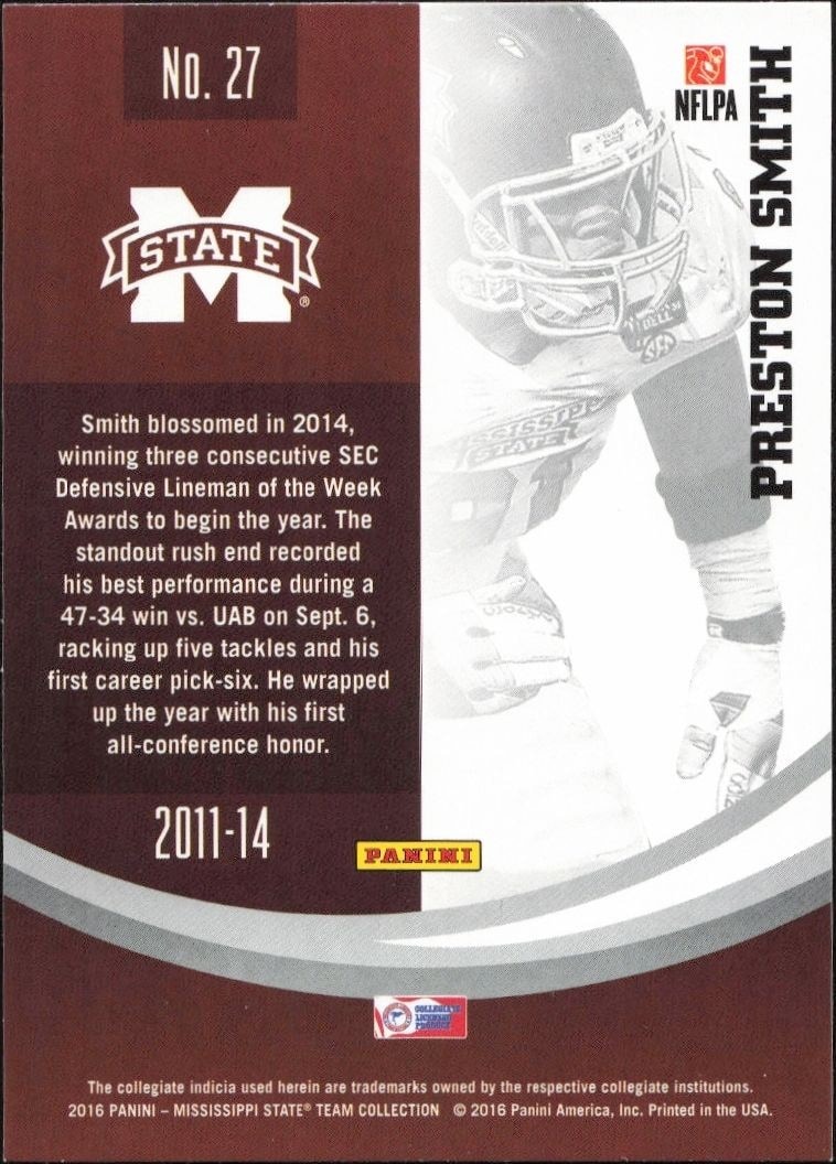 2016 Panini Mississippi State Preston Smith #27 football trading card back