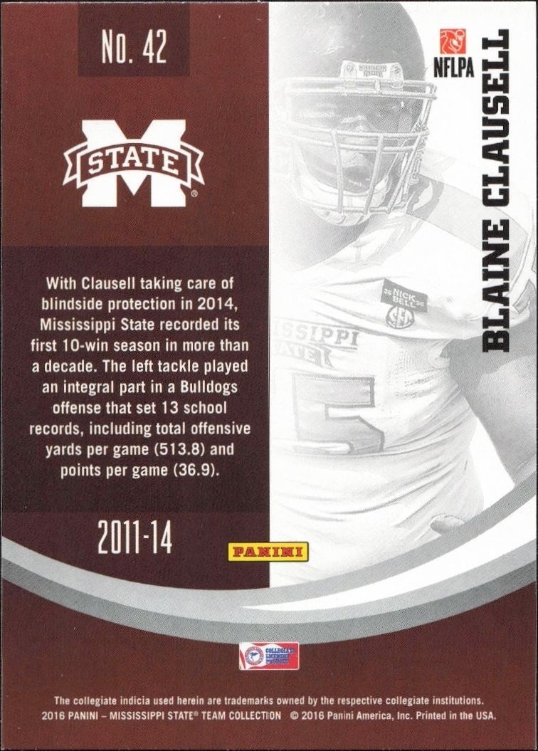 2016 Panini Mississippi State Blaine Clausell #41 football trading card back