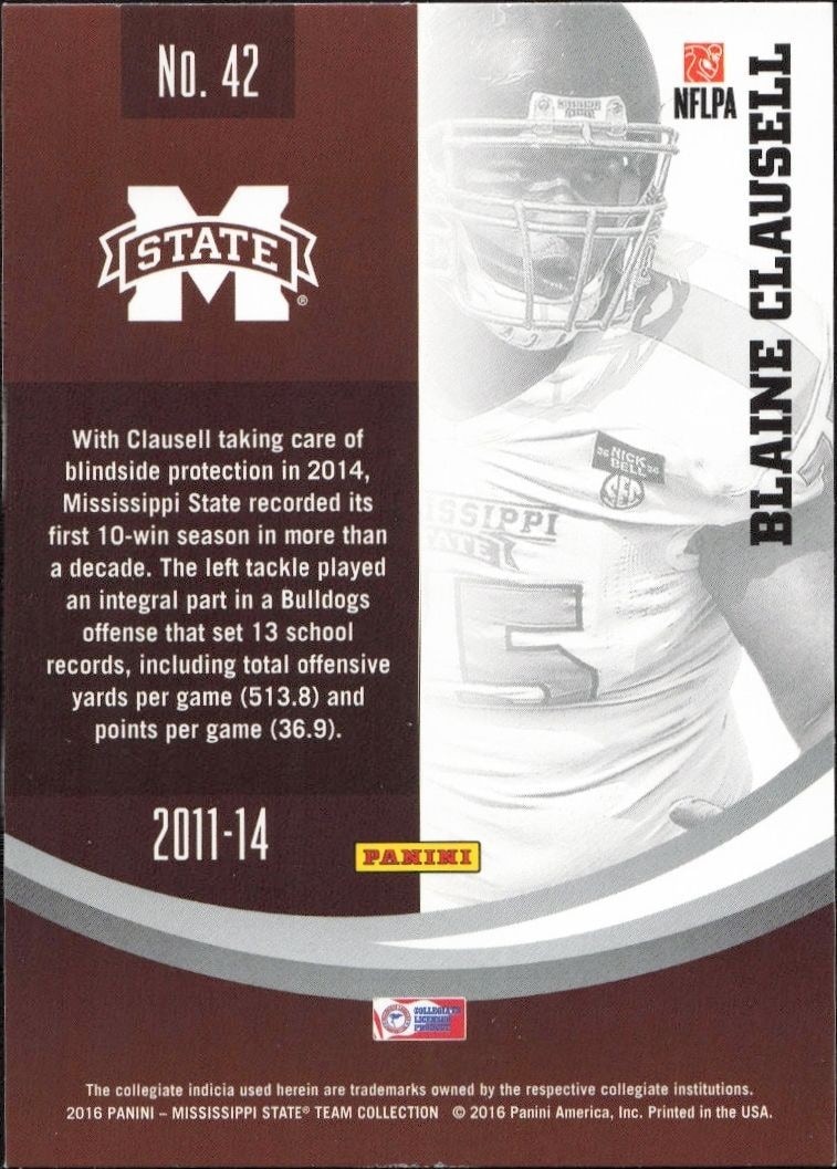 2016 Panini Mississippi State Blaine Clausell #32 football trading card back