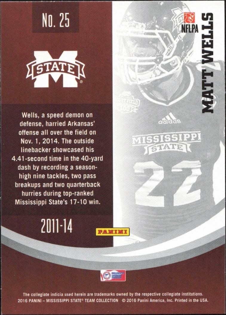 2016 Panini Mississippi State Matt Wells #25 football trading card back