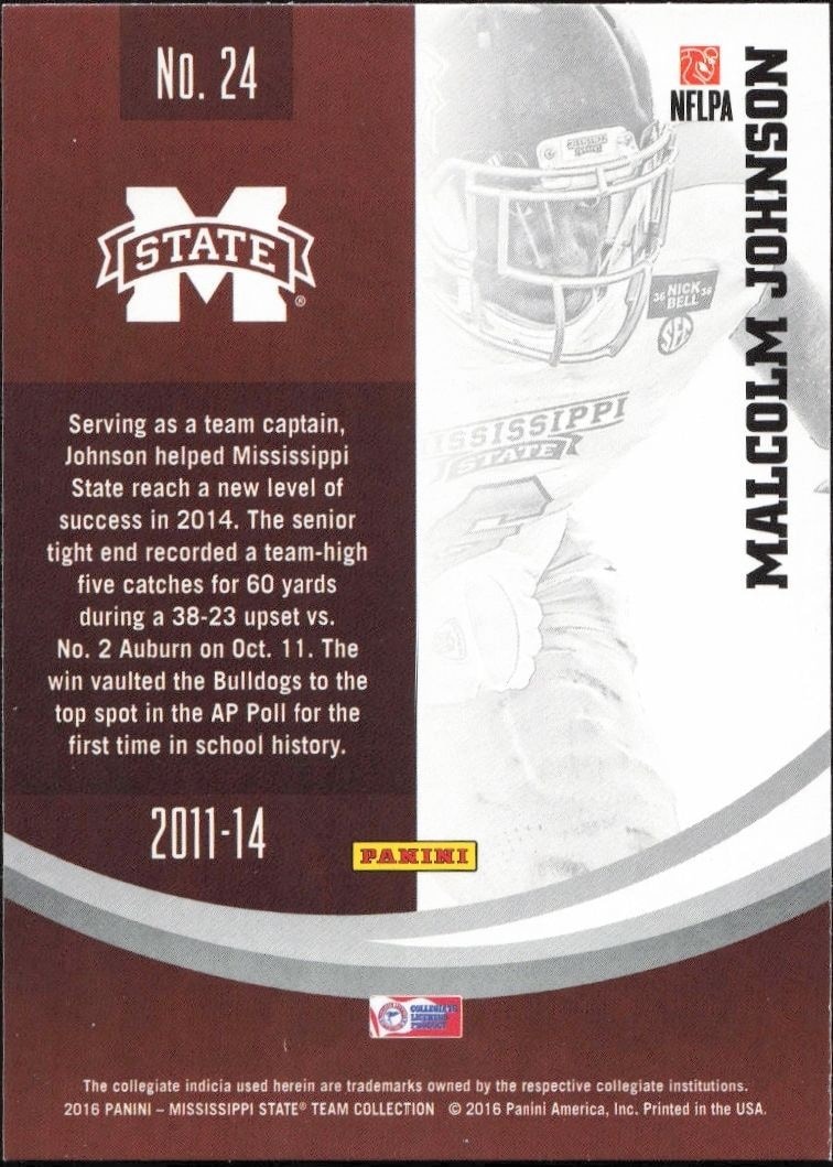 2016 Panini Mississippi State Malcolm Johnson #24 football trading card back