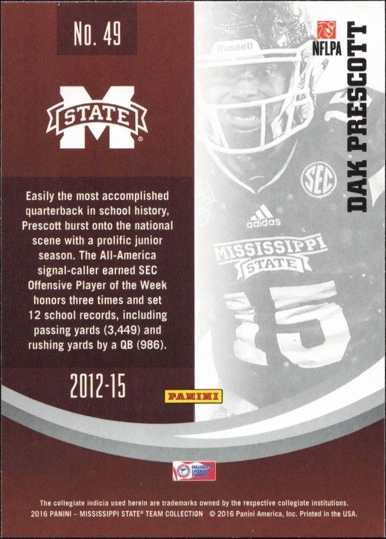 2016 Panini Mississippi State Dak Prescott #49 football trading card back