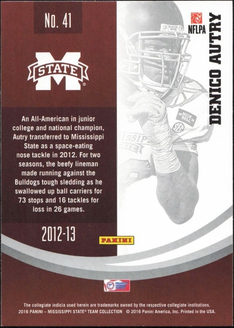 2016 Panini Mississippi State Denico Autry #41 football trading card back