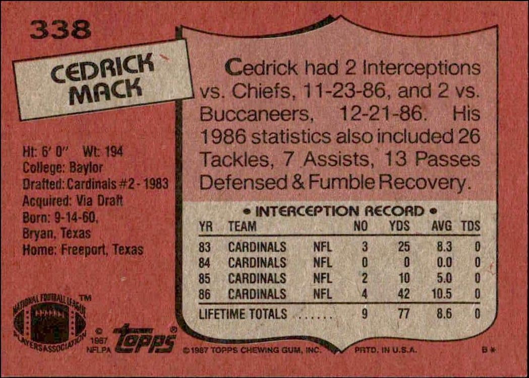 1987 Topps Cedric Mack #338 football trading card back