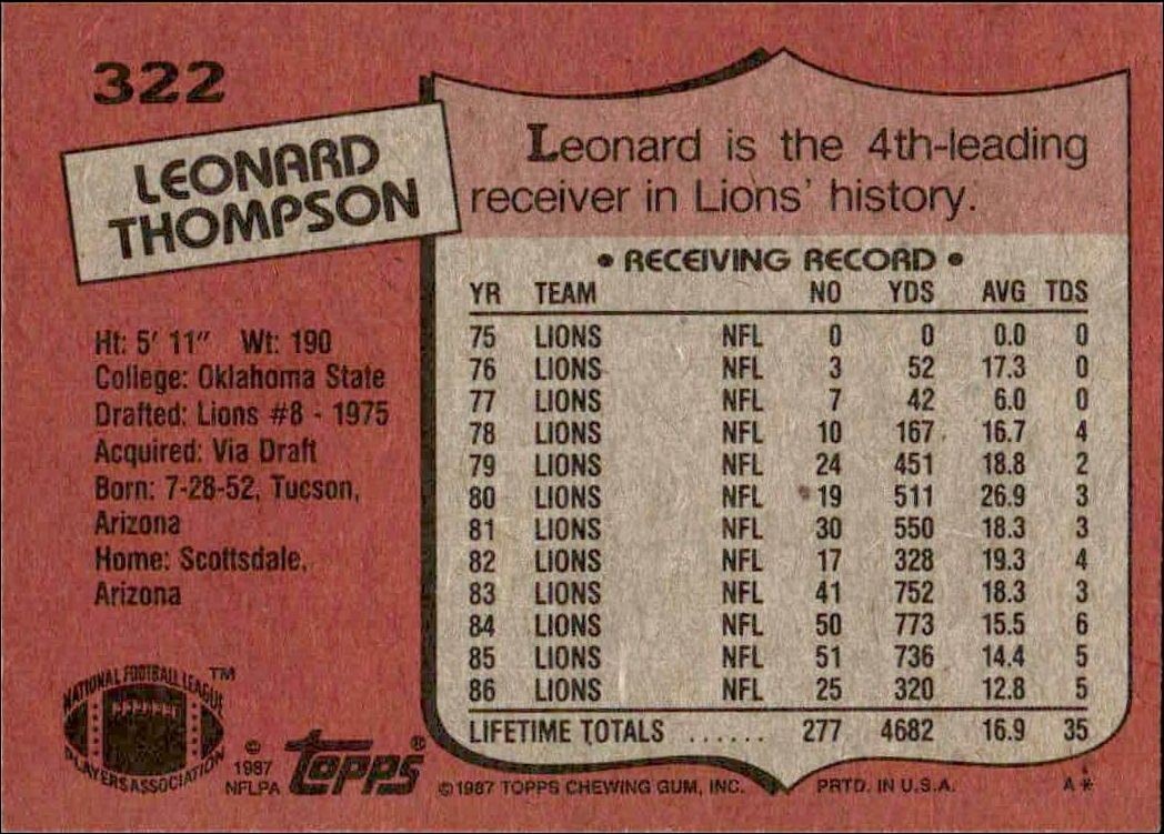 1987 Topps Leonard Thompson #322 football trading card back