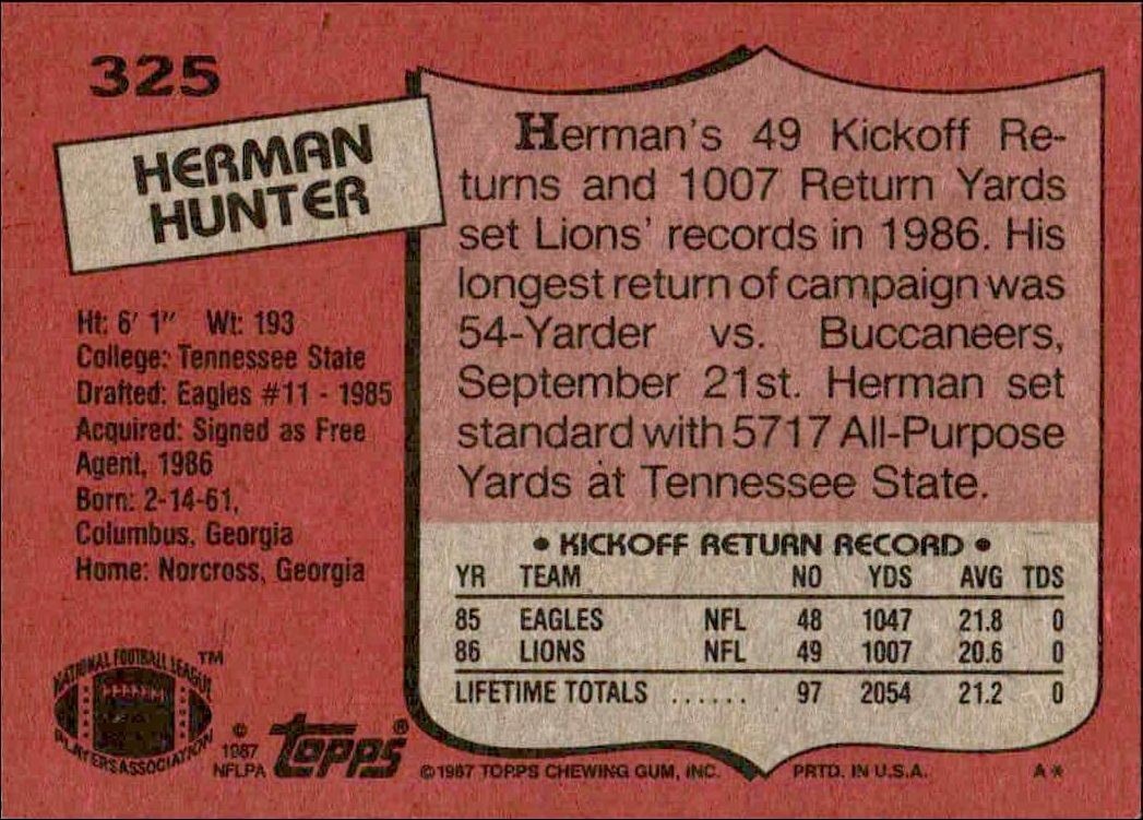 1987 Topps Herman Hunter #325 football trading card back