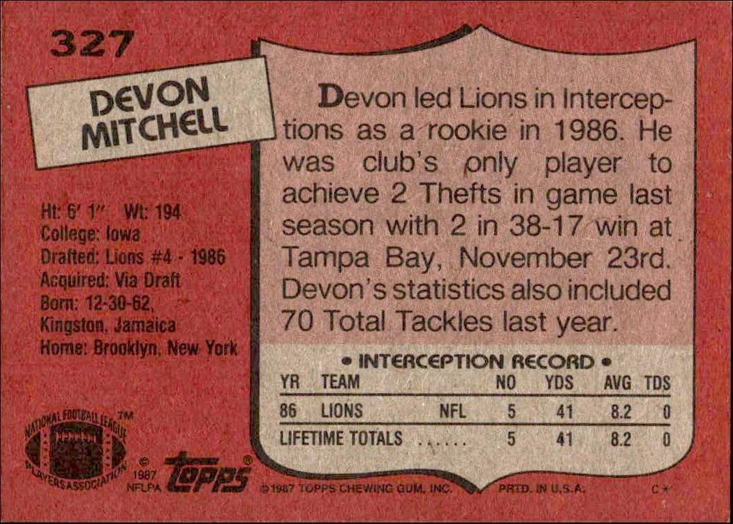 1987 Topps Devon Mitchell #327 football trading card back