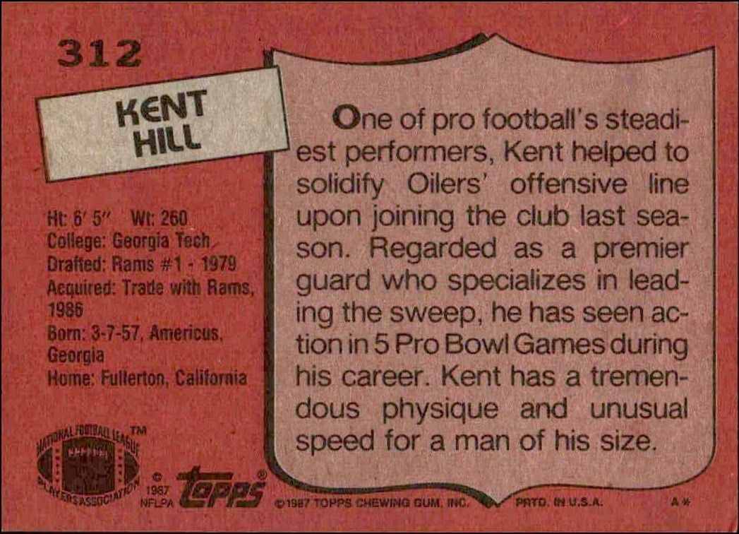 1987 Topps Kent Hill #312 football trading card back