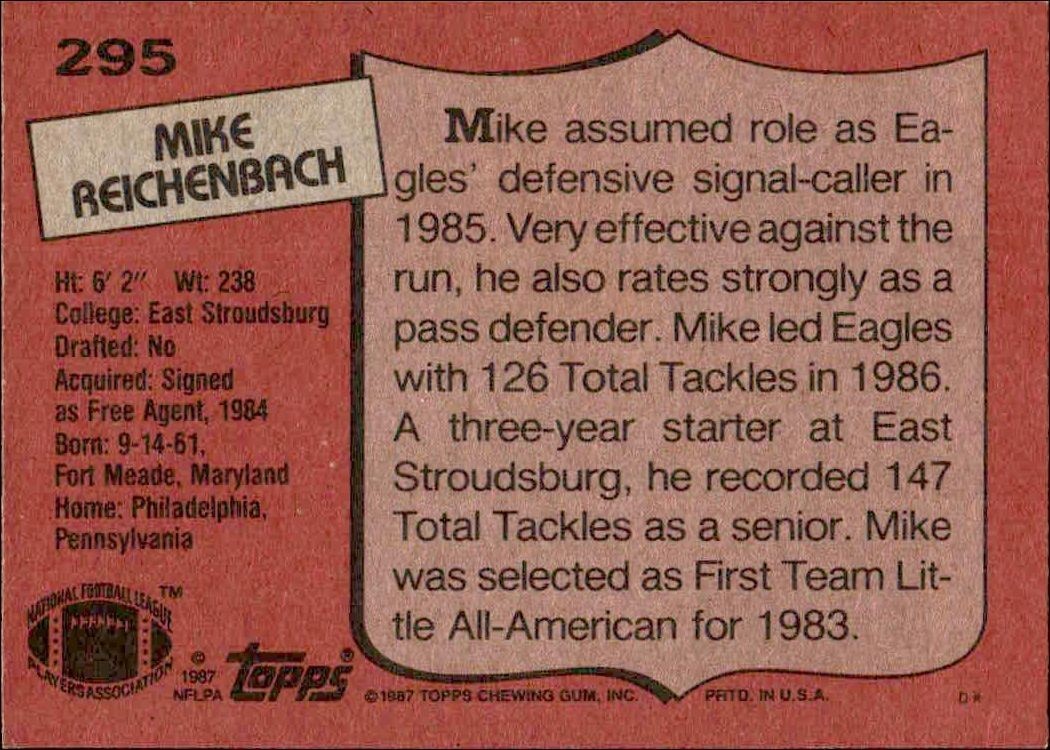 1987 Topps Mike Reichenbach #295 football trading card back