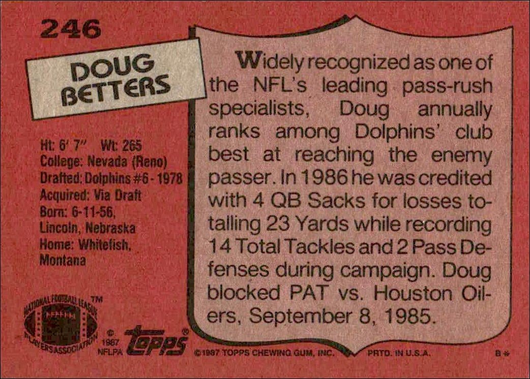 1987 Topps Doug Betters #246 football trading card back