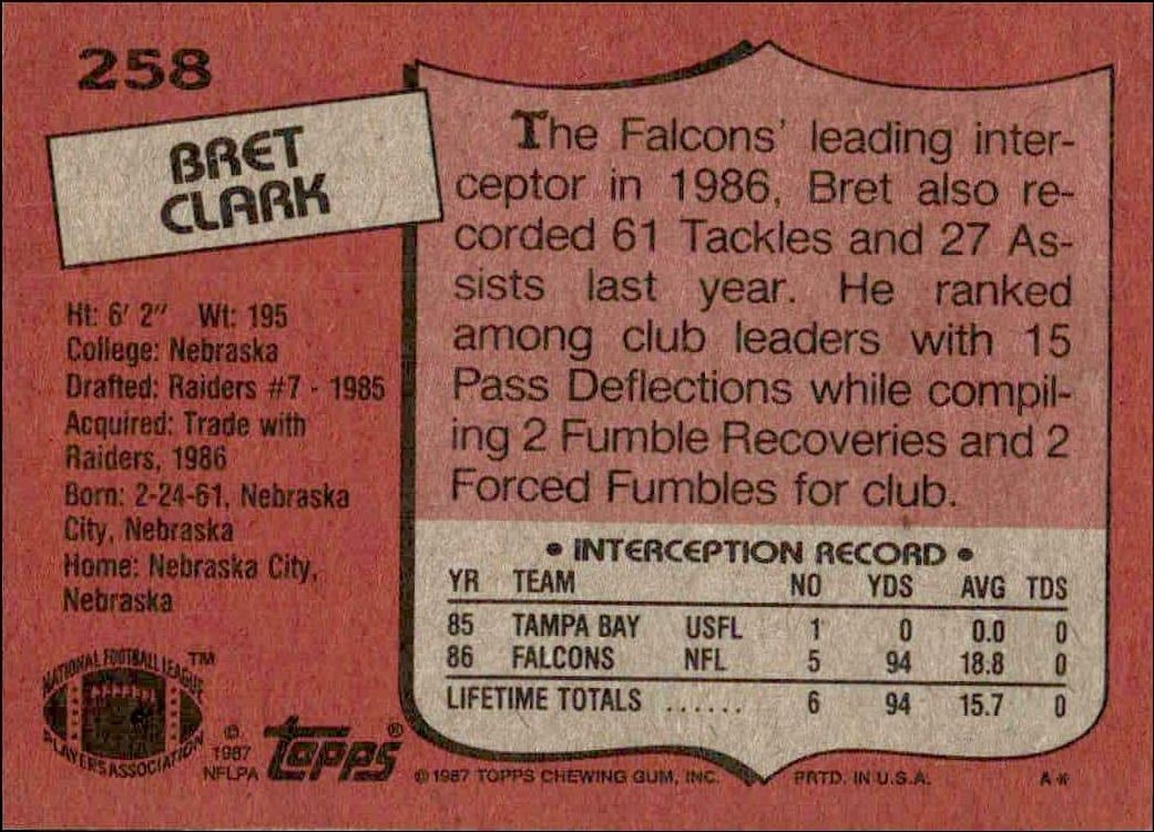 1987 Topps Bret Clark #258 football trading card back
