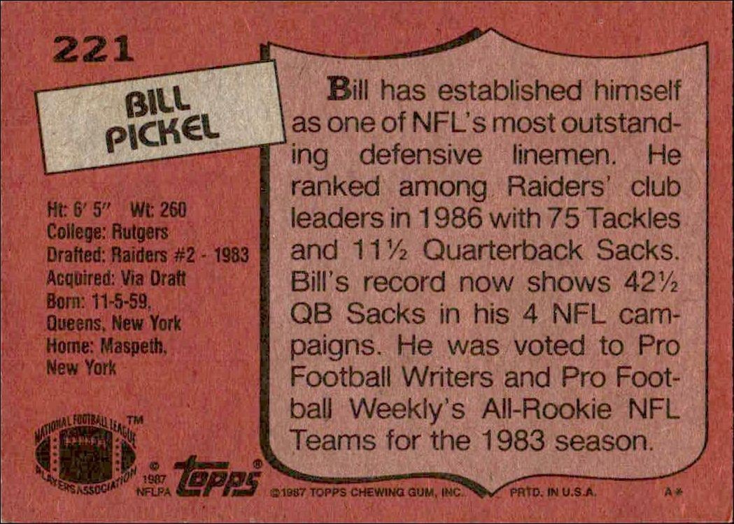 1987 Topps Bill Pickel #221 football trading card back