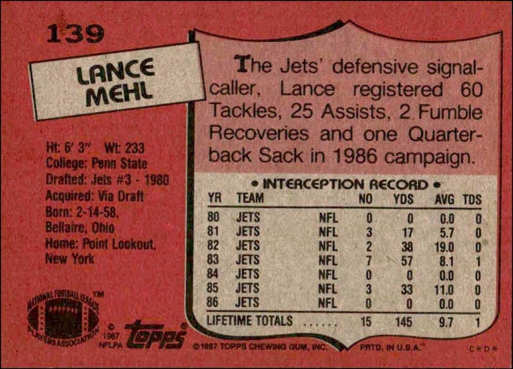 1987 Topps Lance Mehl #139 football trading card back