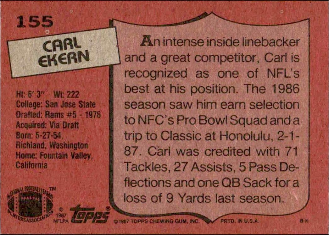 1987 Topps Carl Ekern #155 football trading card back