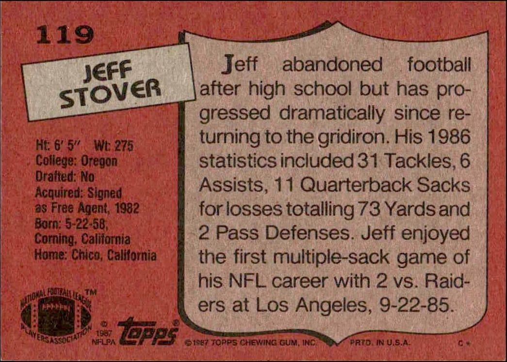1987 Topps Jeff Stover #119 football trading card back