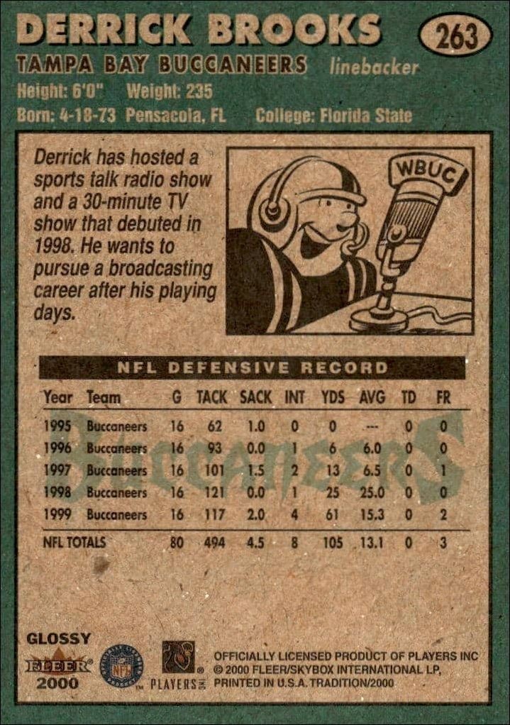 2000 Fleer Tradition Glossy Derrick Brooks #263 football trading card back