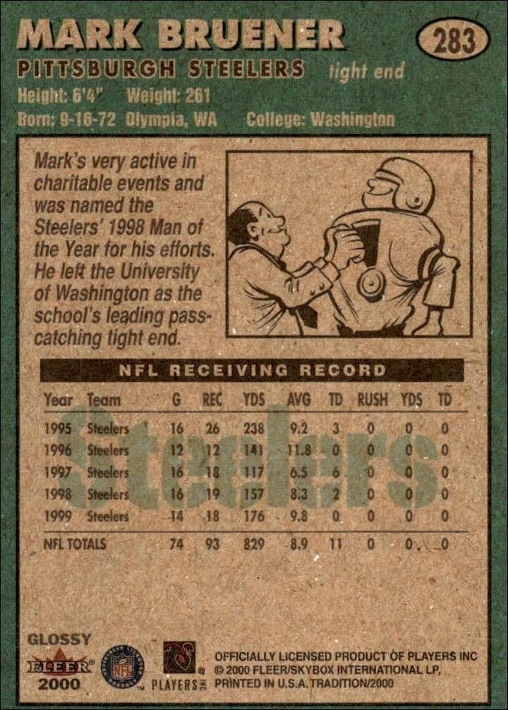 2000 Fleer Tradition Glossy Mark Bruener #283 football trading card back
