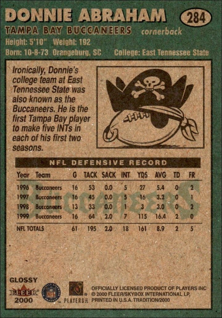 2000 Fleer Tradition Glossy Donnie Abraham #284 football trading card back