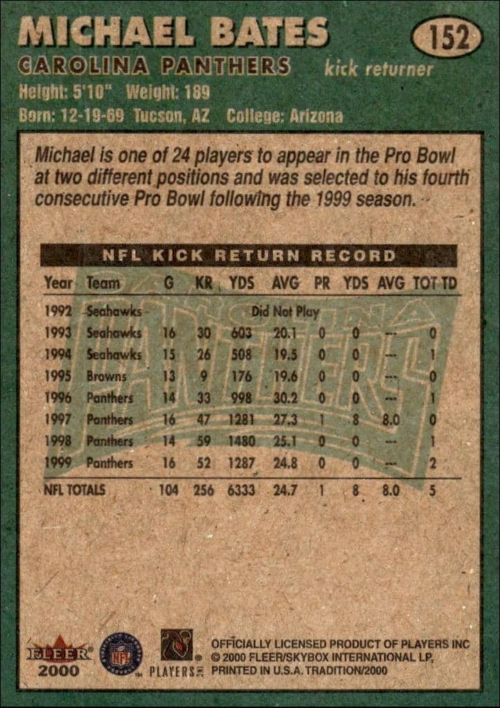 2000 Fleer Tradition Michael Bates #152 football trading card back