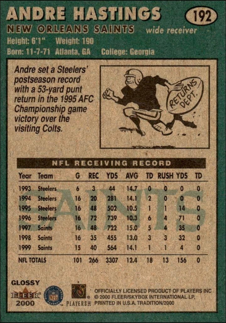 2000 Fleer Tradition Glossy Andre Hastings #192 football trading card back