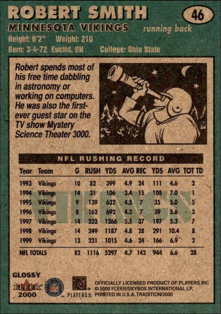 2000 Fleer Tradition Glossy Robert Smith #46 football trading card back