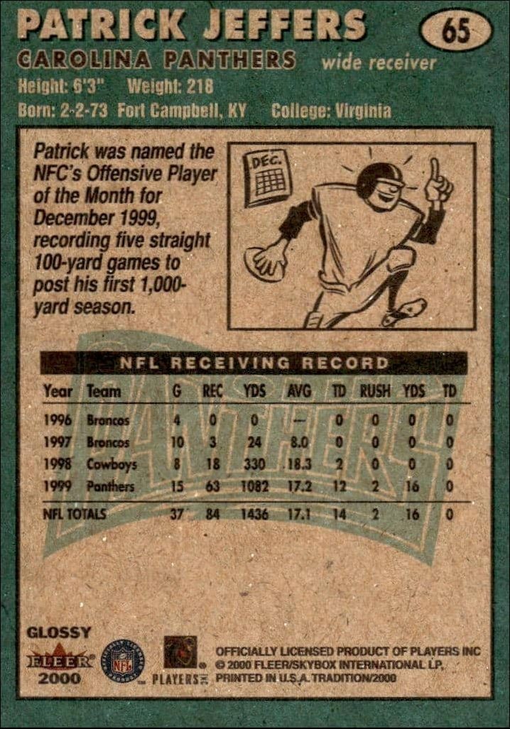 2000 Fleer Tradition Glossy Patrick Jeffers #65 football trading card back