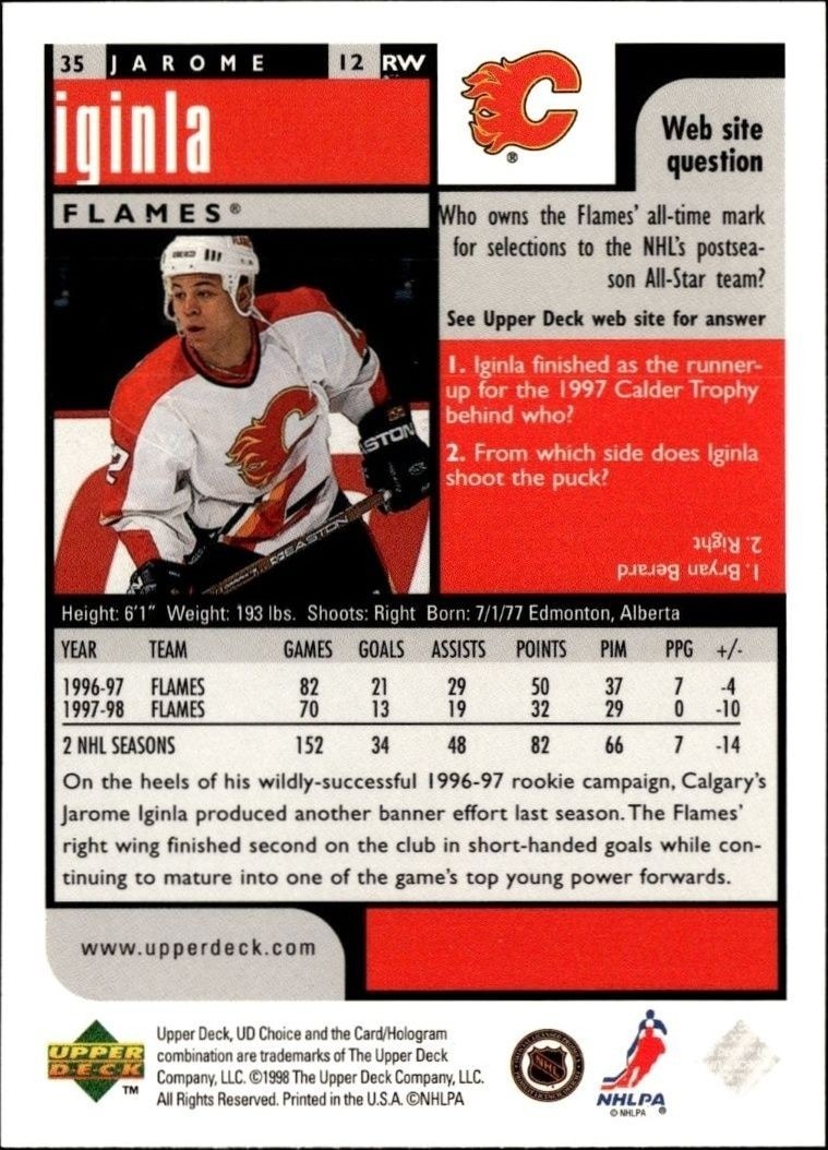 1998-99 Upper Deck Choice Preview Jarome Iginla #35 hockey trading card back