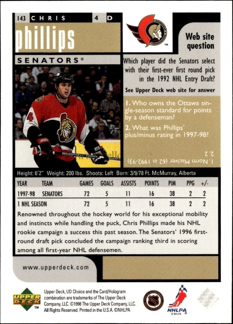 1998-99 Upper Deck Choice Preview Chris Phillips #143 hockey trading card back